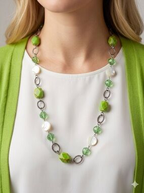 Green Jasper Necklace | Mother of Pearl Glass Bead Silver Chain